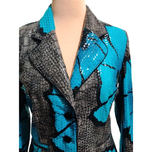 Womens L Blue Blazer Snake Floral Print Bold Chic Glam Statement Jacket Peplum - Picture 14 of 16